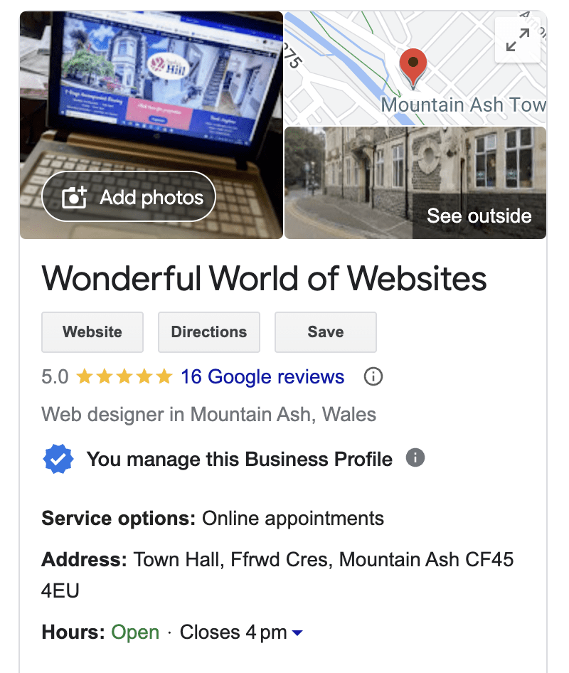 Google Business Profile for Wonderful World of Websites showing a map, images and business details