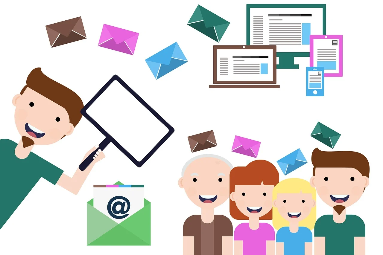 create an email list, cartoon images of people with envelopes above their heads