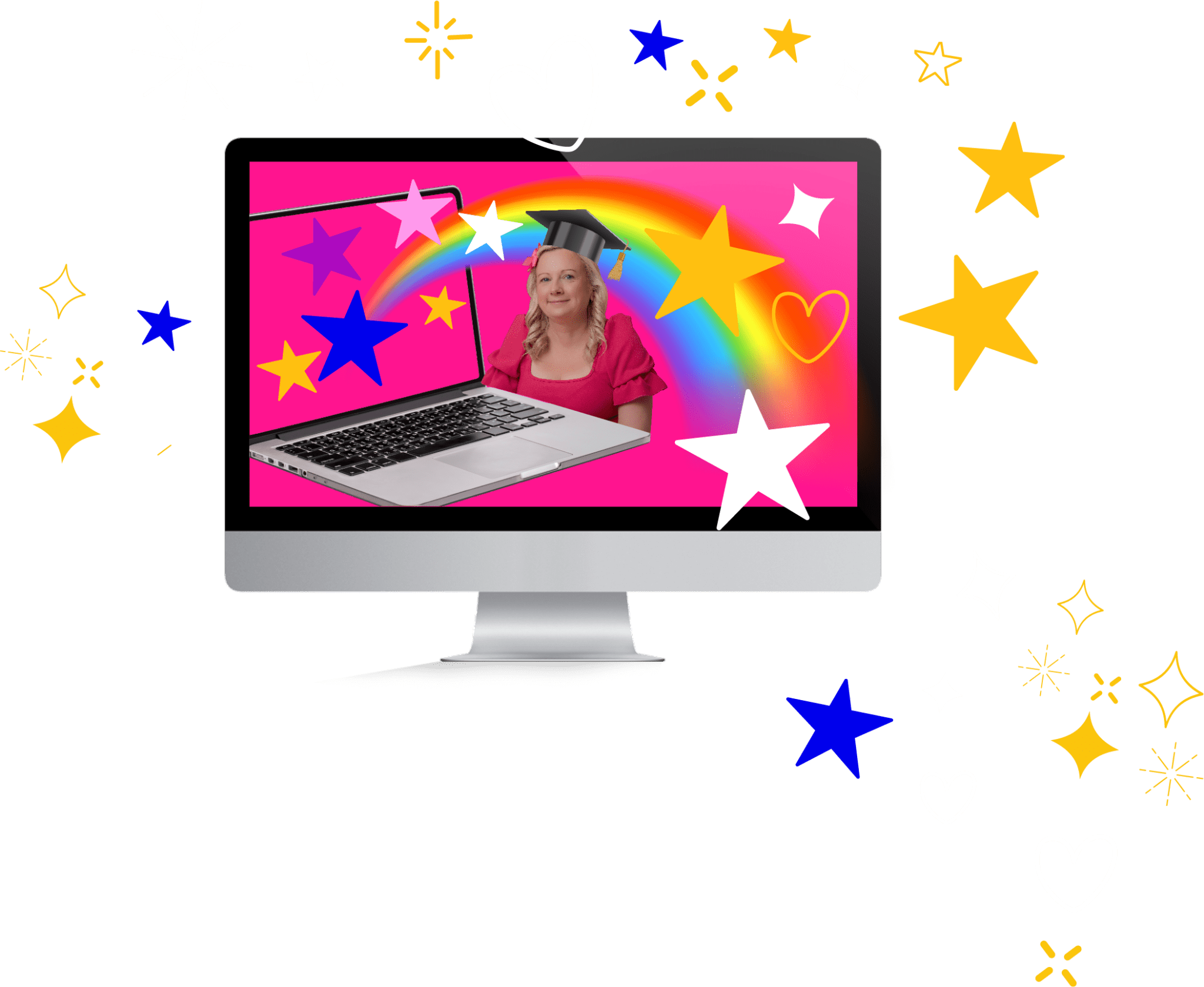 how a website can help you: a laptop with a rainbow flying out of it and Lisa in the Background