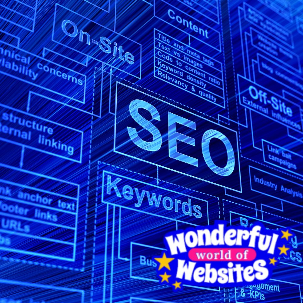 SEO for small businesses a computer screen with SEO at the centre and words associated with SEO branching out from it