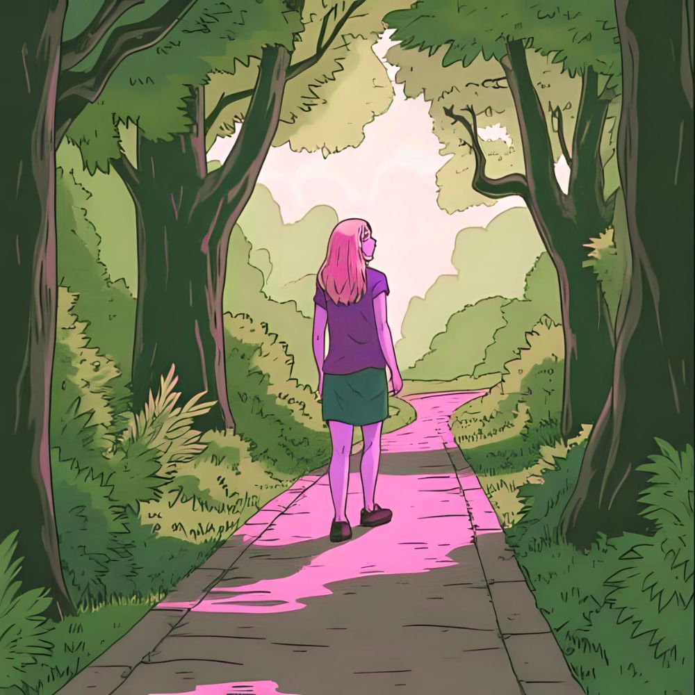 My website journey a blonde lady walking along a pink path through a woods