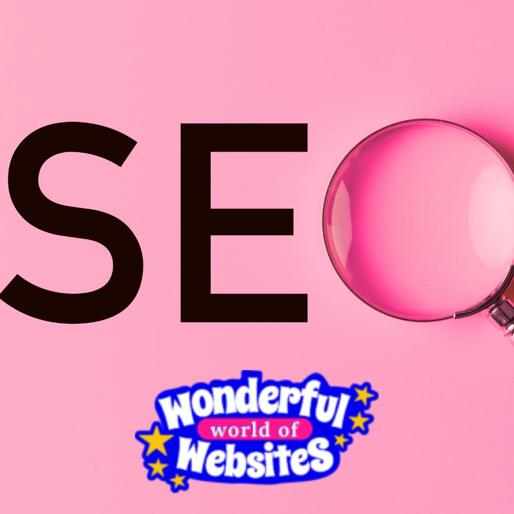 WordPress SEO written on a pink background, the O is a magnifying glass and WWW logo is beneath