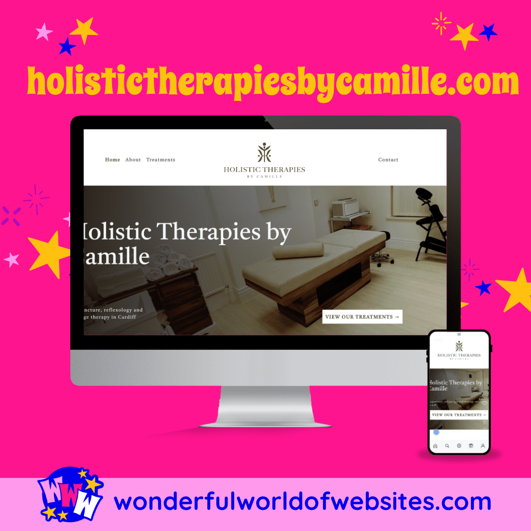 WordPress Website by the Tech Team for holistictherapiesbycamille.co.uk shown on computer screen with pink star background