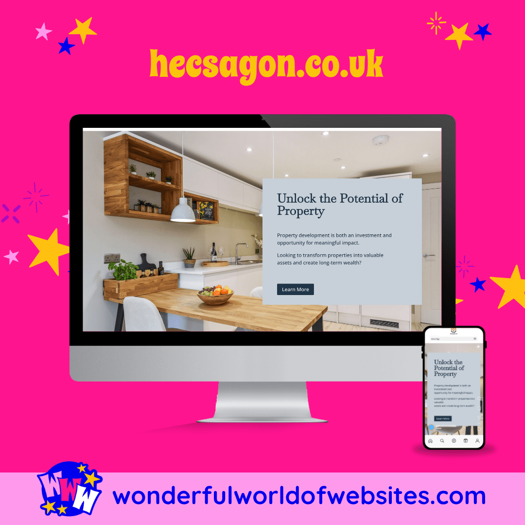 WordPress Website by the Tech Team for Hecsagon.co.uk shown on computer screen with pink star background