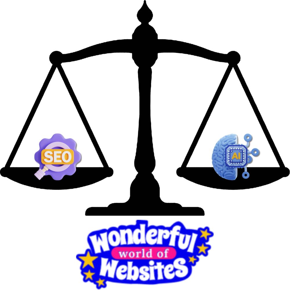 A scales balanced with SEO on one side and AI on the other side