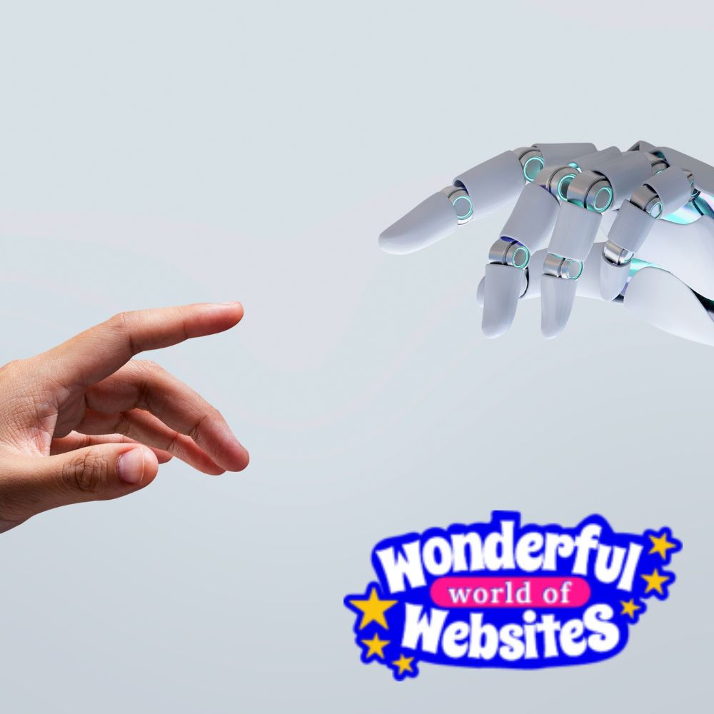 AI Referral traffic represented by a human hand and a robot hand reaching to touch fingers