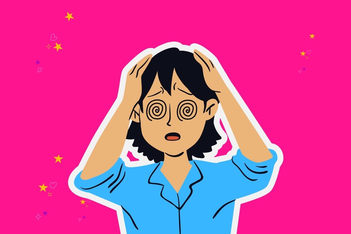 Female graphioc in a blue shirt with spiralling eyes and hands on head against a pink background - do you really need a website?