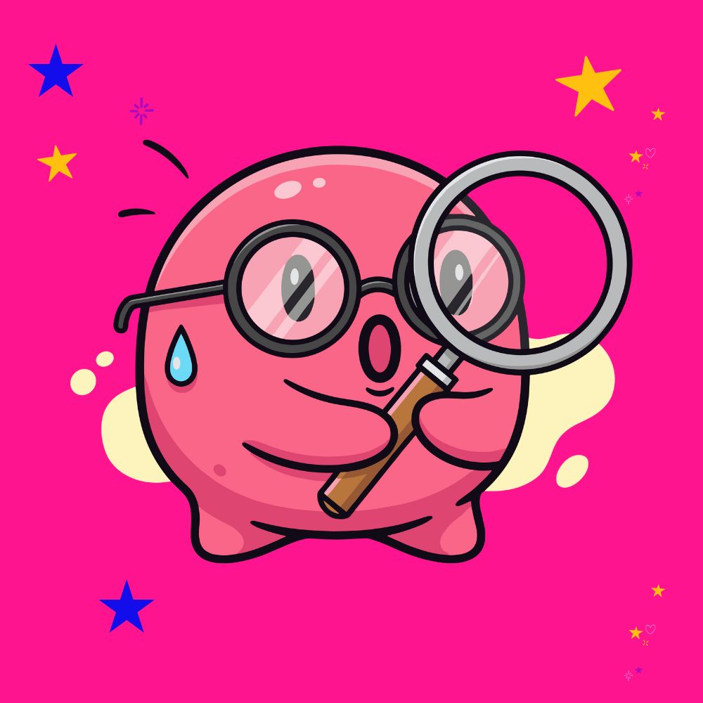 A pink 'blob' character wearing glasses, looking through a magnifying glass - the cache