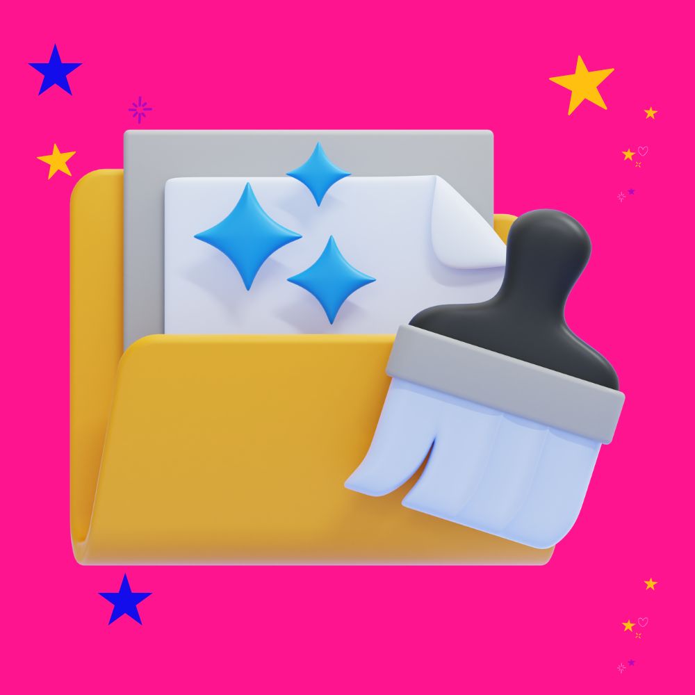 A brush is cleaning up a yellow folder of files, or cleaning the cache