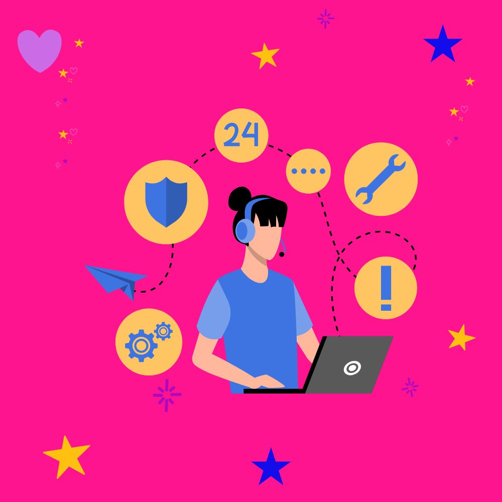 Graphic of a person at a computer with a headset on and icons around them depicting a shield, spanner, cogwheels etc to show online support - important when choosing website hosting