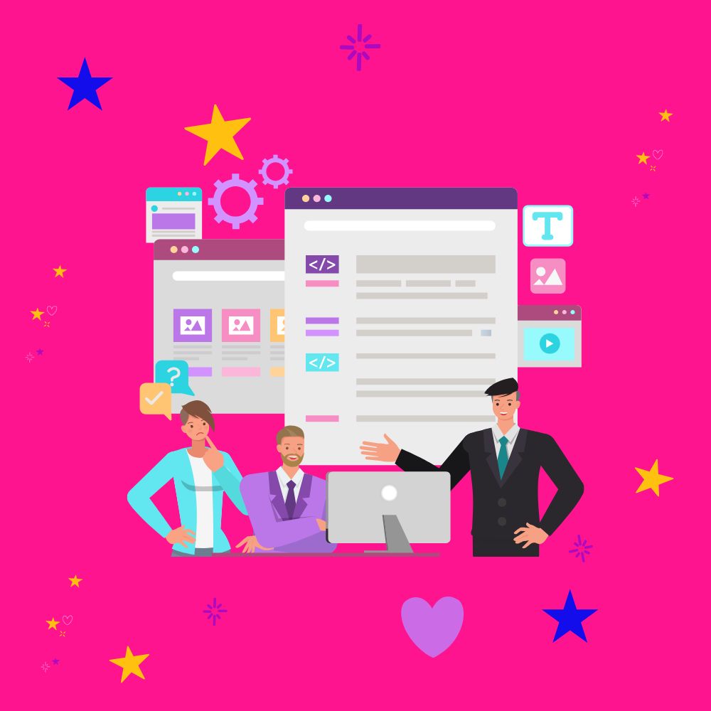 Graphic of people and pages from a website to illustrate making a website