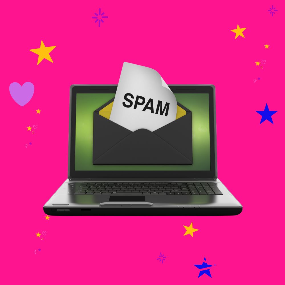 A dark laptop with an image of an email coming out of the screen to illustrate a business email address going into spam