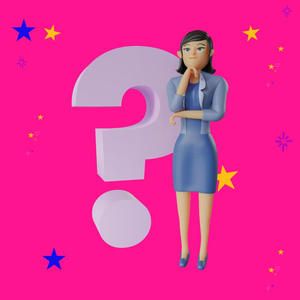 Graphic of a dark haired woman in a grey skirt suit next to a ? thinking about website hosting services