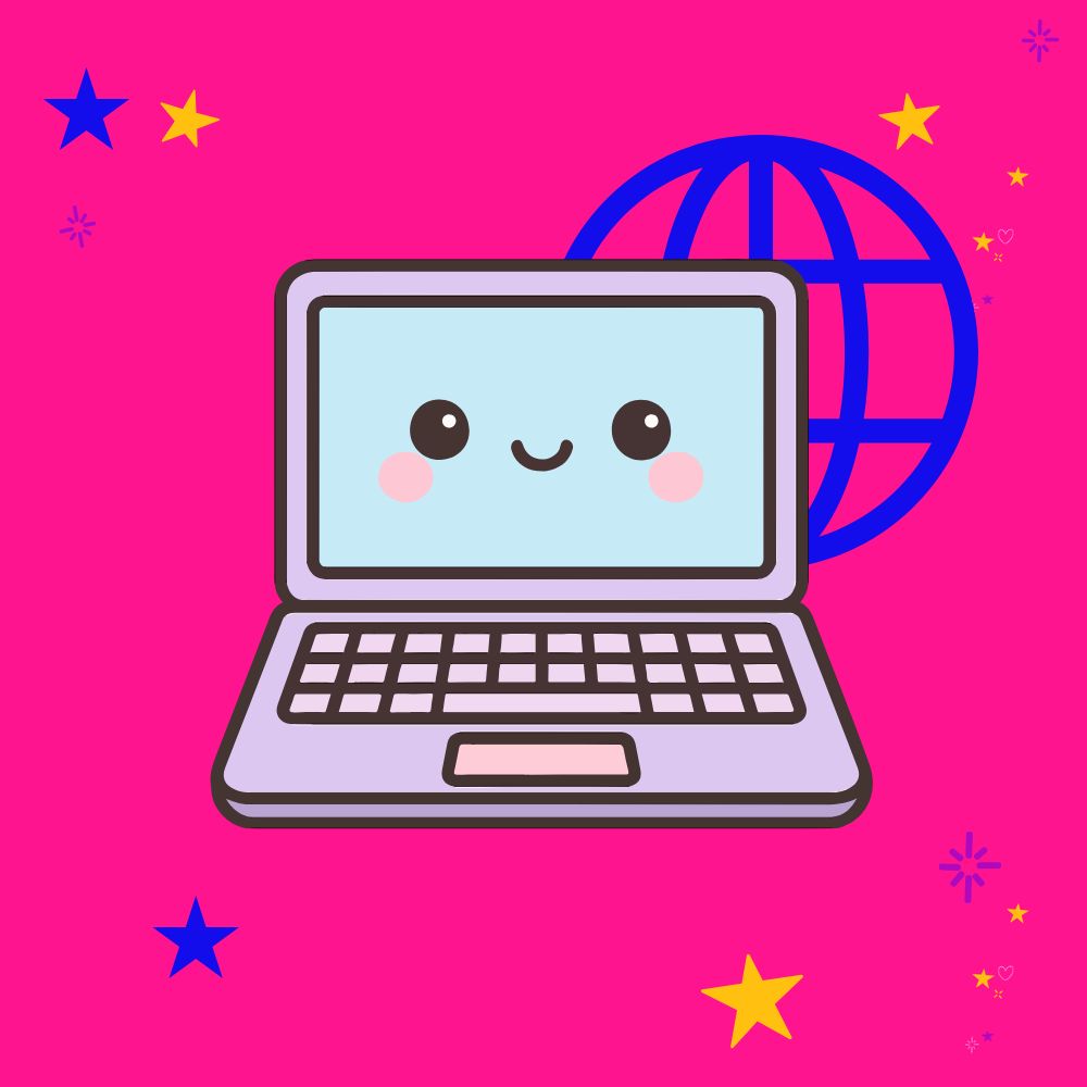 A graphic of a lilac laptop with a smiley face on the screen, with a blue www icon behind it for website hosting services
