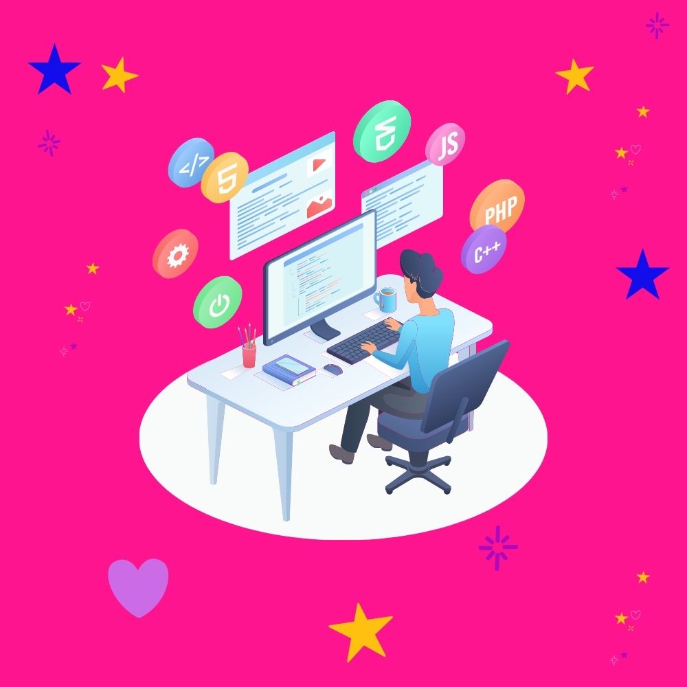 get started with a website graphic of a man at a desk with a computer and icons jumping out of it