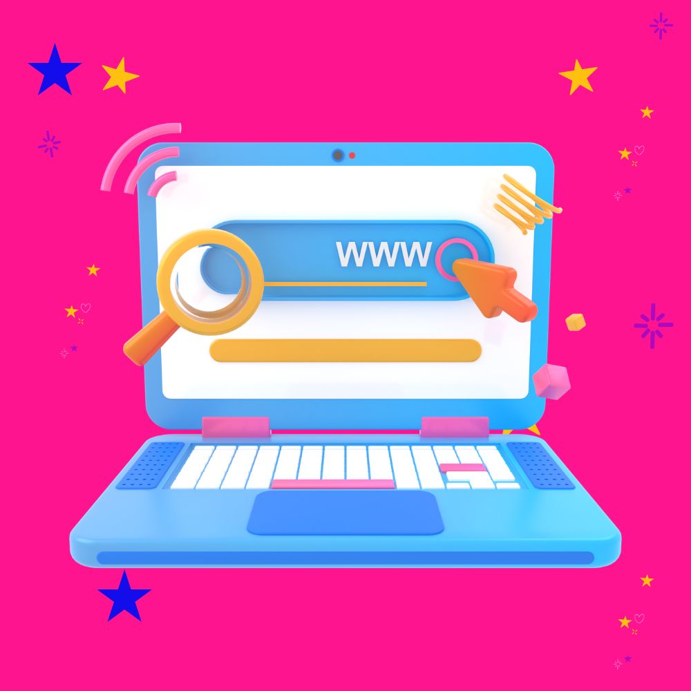 get started with a website - a blue laptop graphic with a magnifying glass and a www. search on the screen