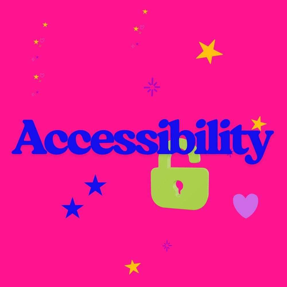 Accessibility written in blue against a pink background with a green lock hanging underneath the 'b' - unlocking accessibility for websites