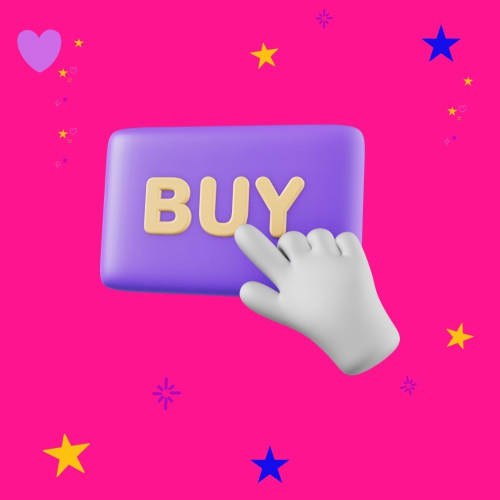A 3d purple 'BUY' button with a hand pressing it, a clear way to make extra money from your website