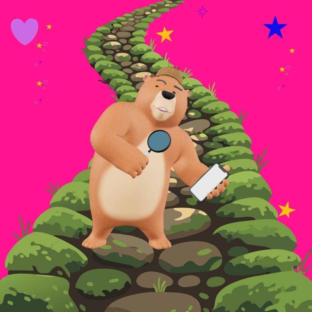 Increase Website conversions - a bear wearing a hat, holding a magnifying glass and a mobile on a mossy pathway