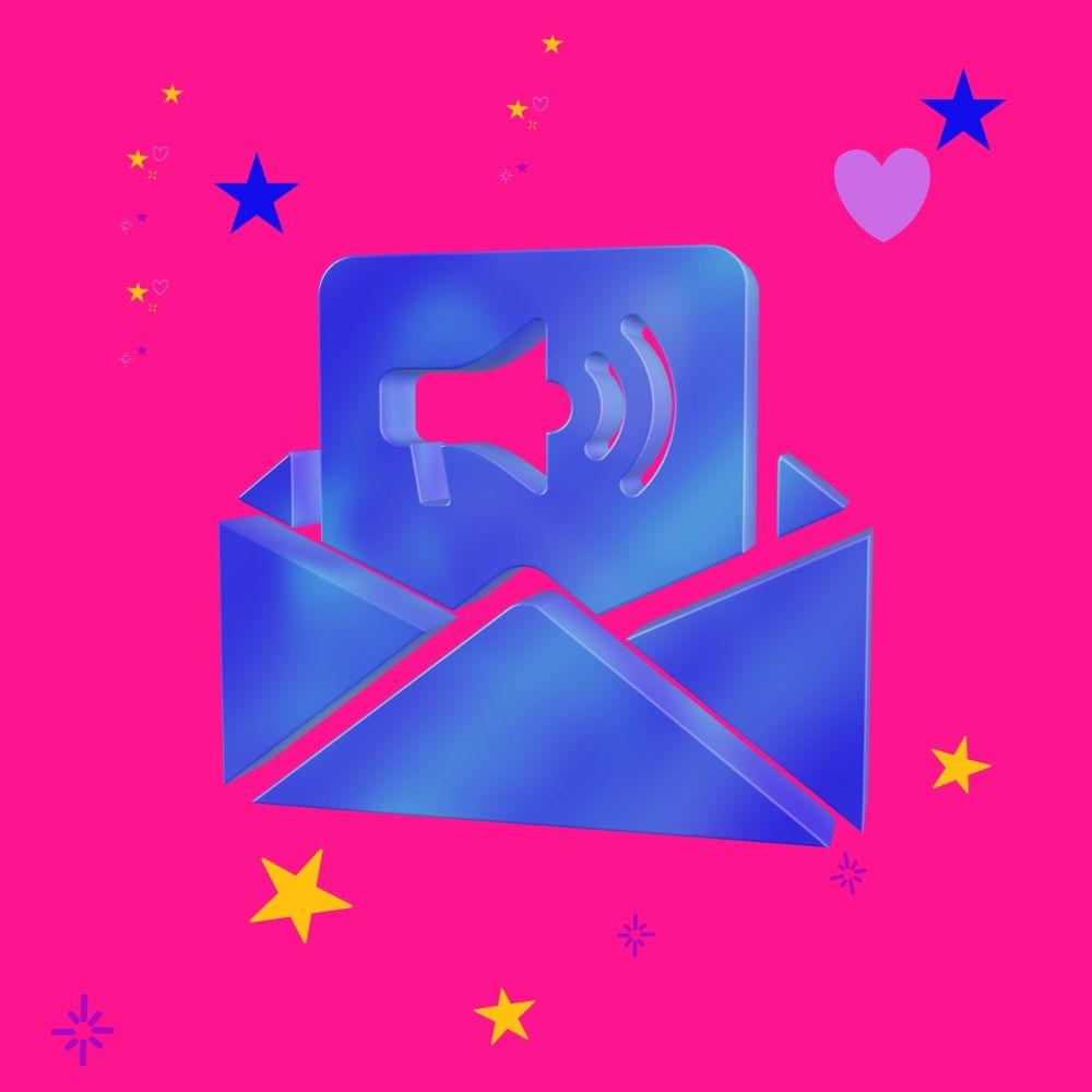 3d graphic of an blue envelope with a 'megaphone' graphic coming out of it - how to create an email list