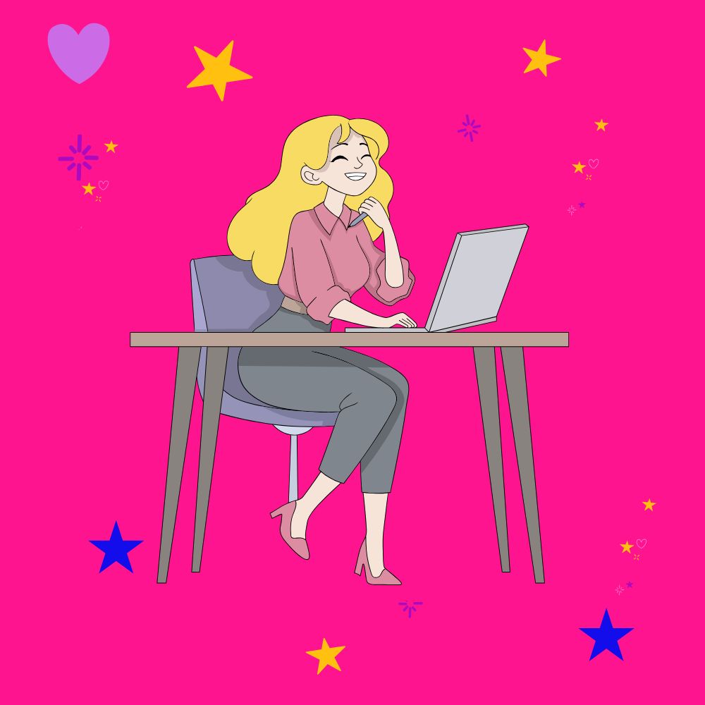 graphic of a blonde female experienced website designer working at her desk