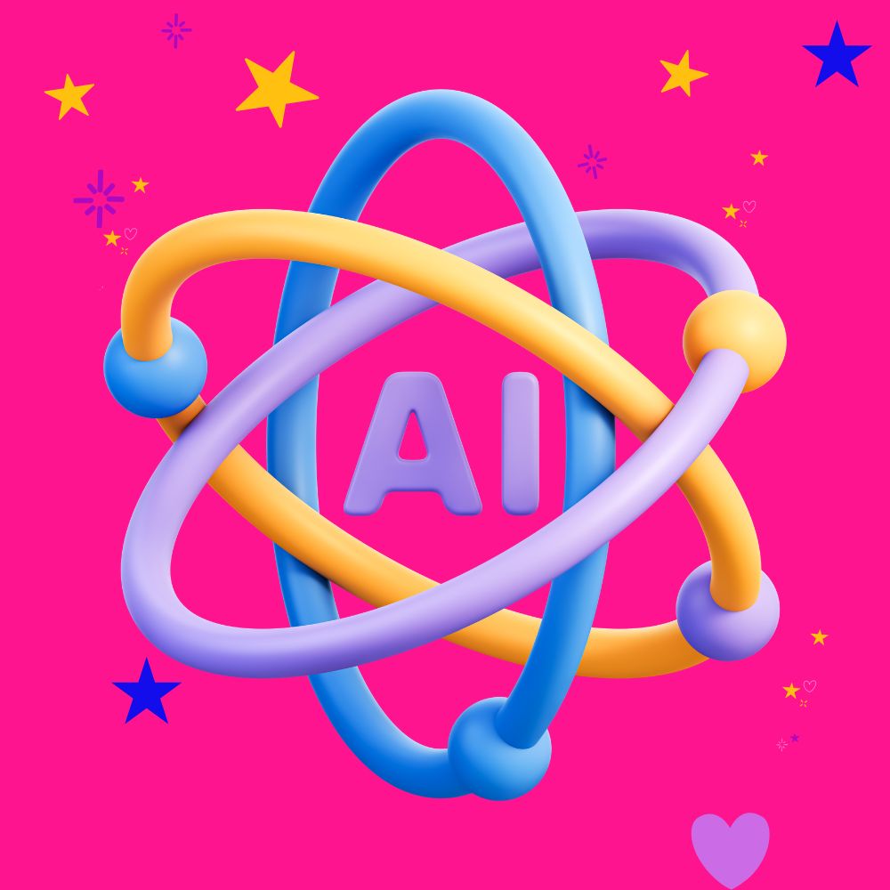 an atom symbol with AI in the centre to illustrate how to use AI for your business