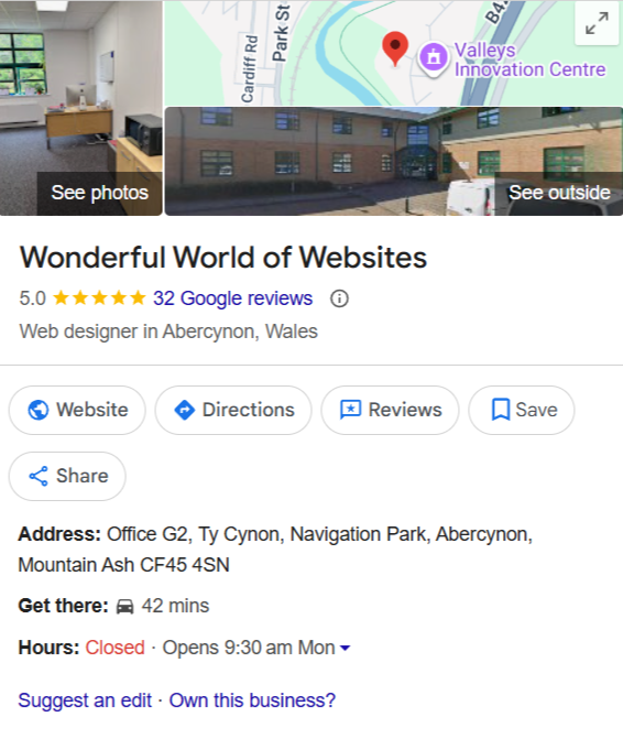 Google My Business Profile for Wonderful World of Websites