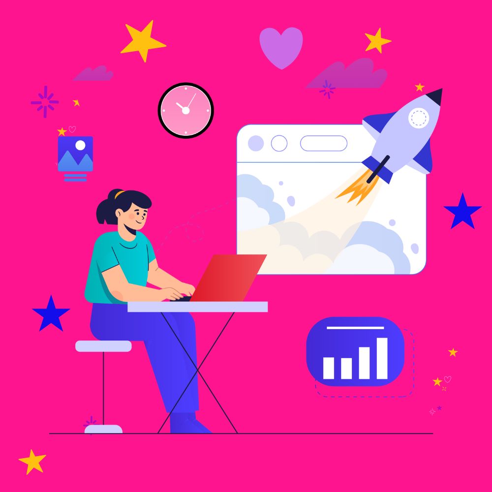 Lady at her computer with graphs showing an increase and a rocket taking off - create online courses