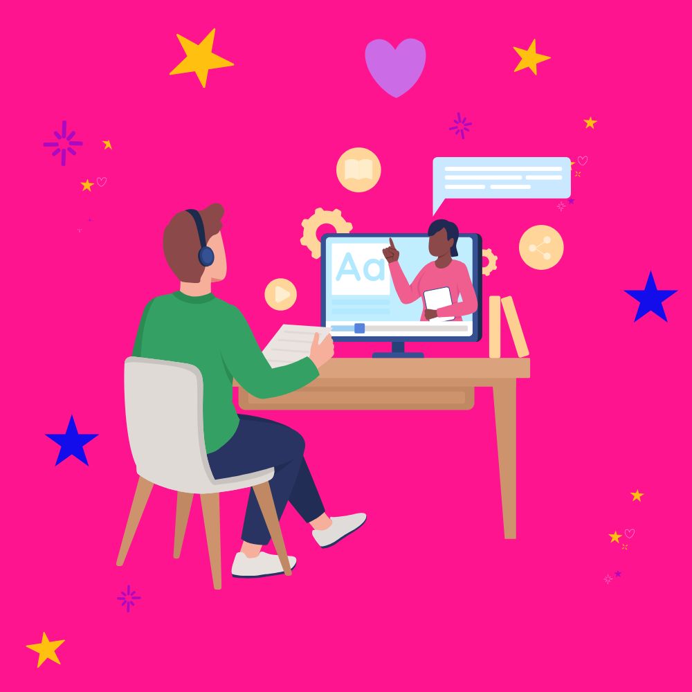 Create online courses, a graphic of a man sat at his computer with headphones on learning from an online course