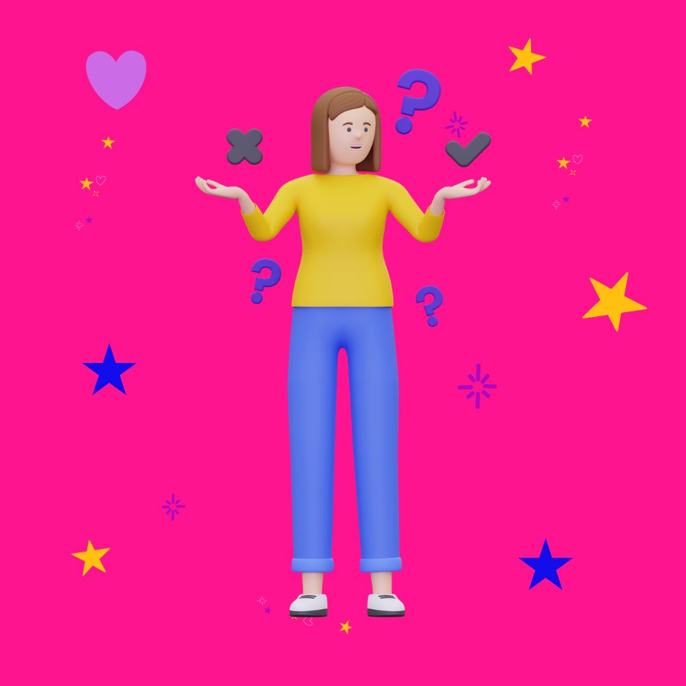 Choosing online course platforms 3D graphic of a woman in a yellow top and blue jeans with question marks - choosing online course platforms