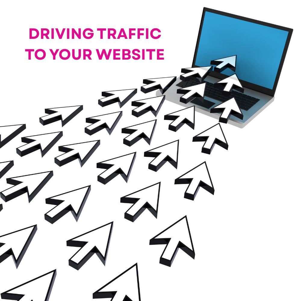 DRIVING TRAFFIC TO YOUR WEBSITE Boost website sales - arrows in a traffic jam, heading towards a laptop