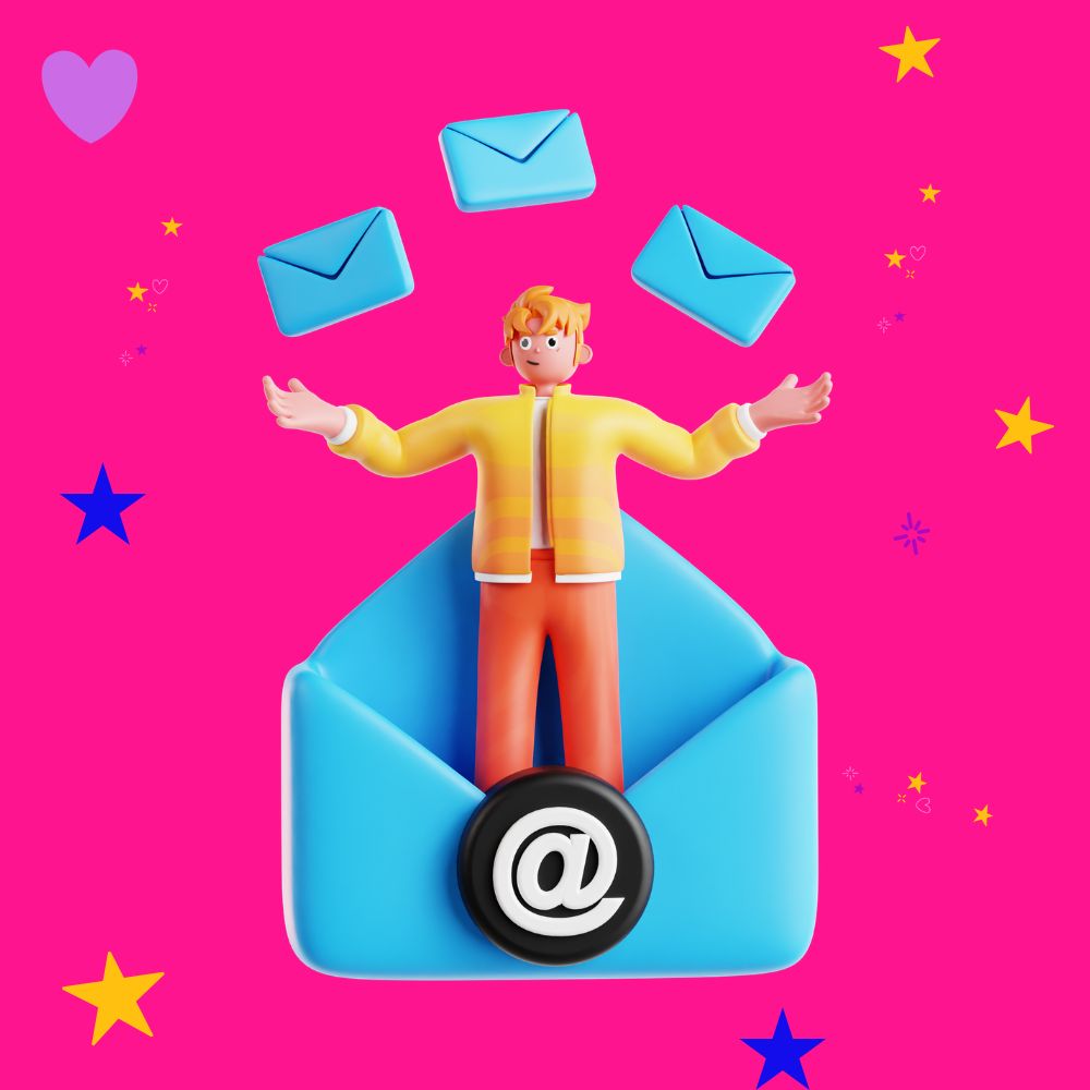 Email Campaign 3D Graphic of a man juggling emails - learning how to use MailerLite
