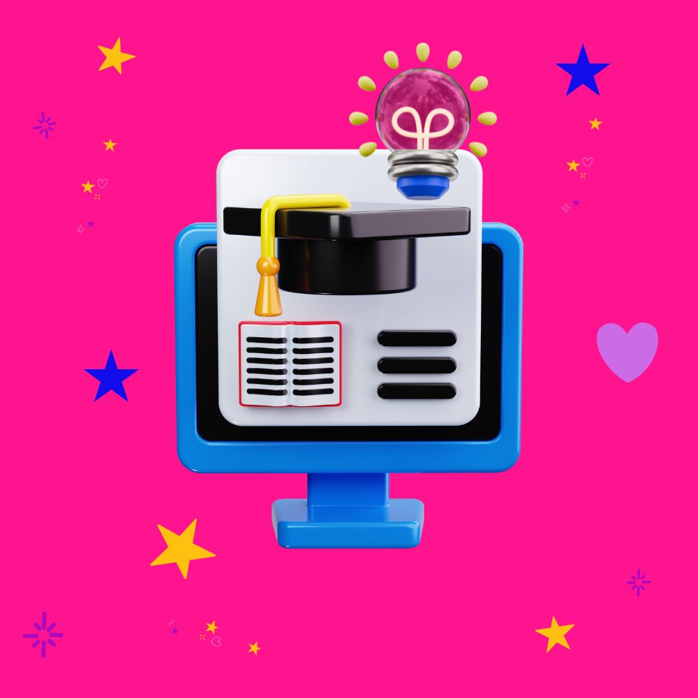 3d graphic of a computer screen with a graduate hat, computer page and a light bulb coming out of it for online course inspiration