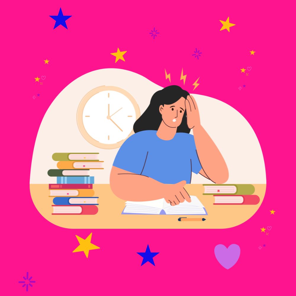 Online course content test knowledge Graphic of a woman taking an exam, with a clock behind her, after studying online course content