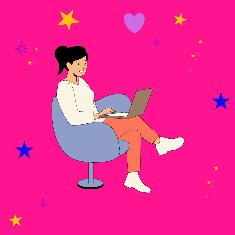 Online course content Cartoon of a lady sitting in a chair with her laptop, creating online course content