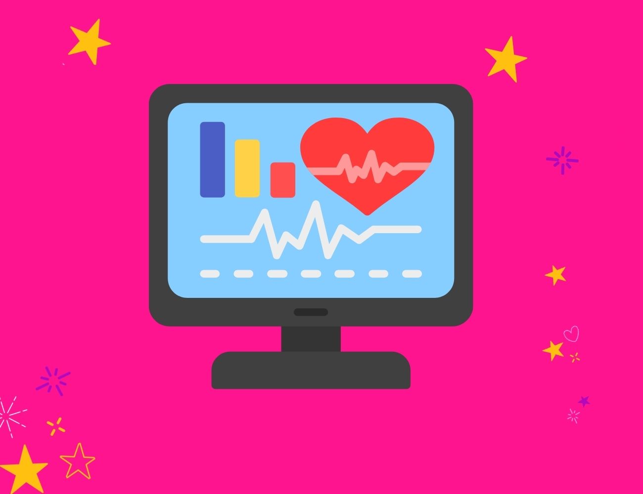 How to maintain a WordPress website - a computer screen with a heart and monitoring lines and graphs on it