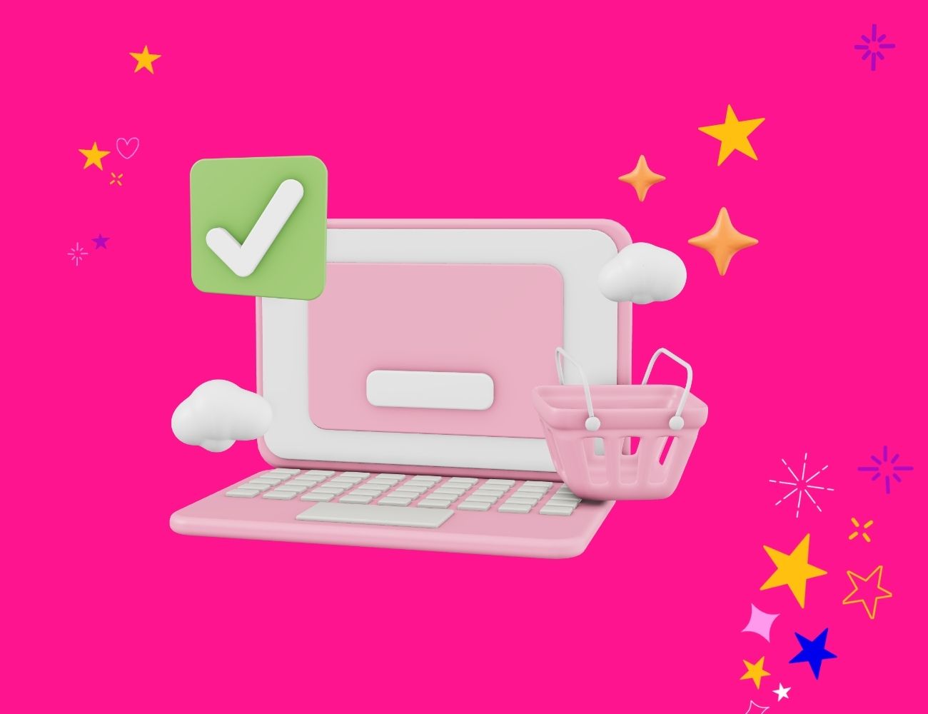 How to create a website, a pink laptop with a shopping basket, clouds and a green tick coming out of the screen