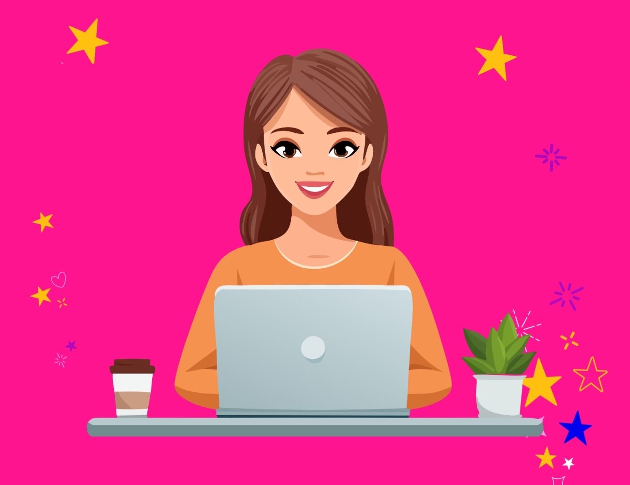 Graphic of a brown-haired woman reading from a laptop with good blog post titles