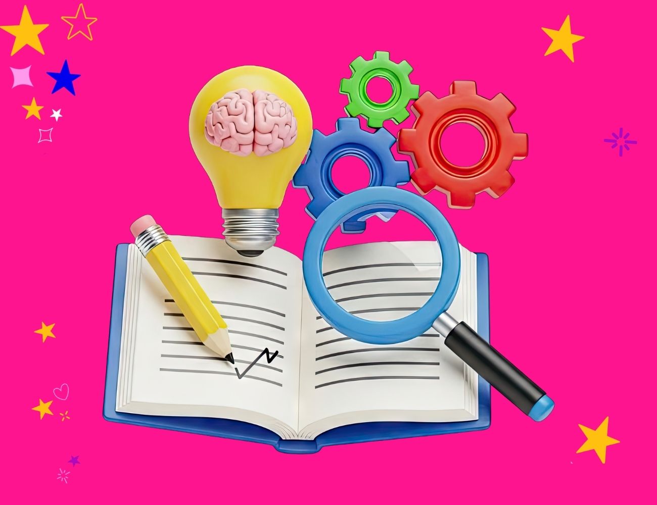 website planning needs reasearch illustrated here with an open book and a lightbulb, cog wheels, magnifying glass and pencil popping out of it