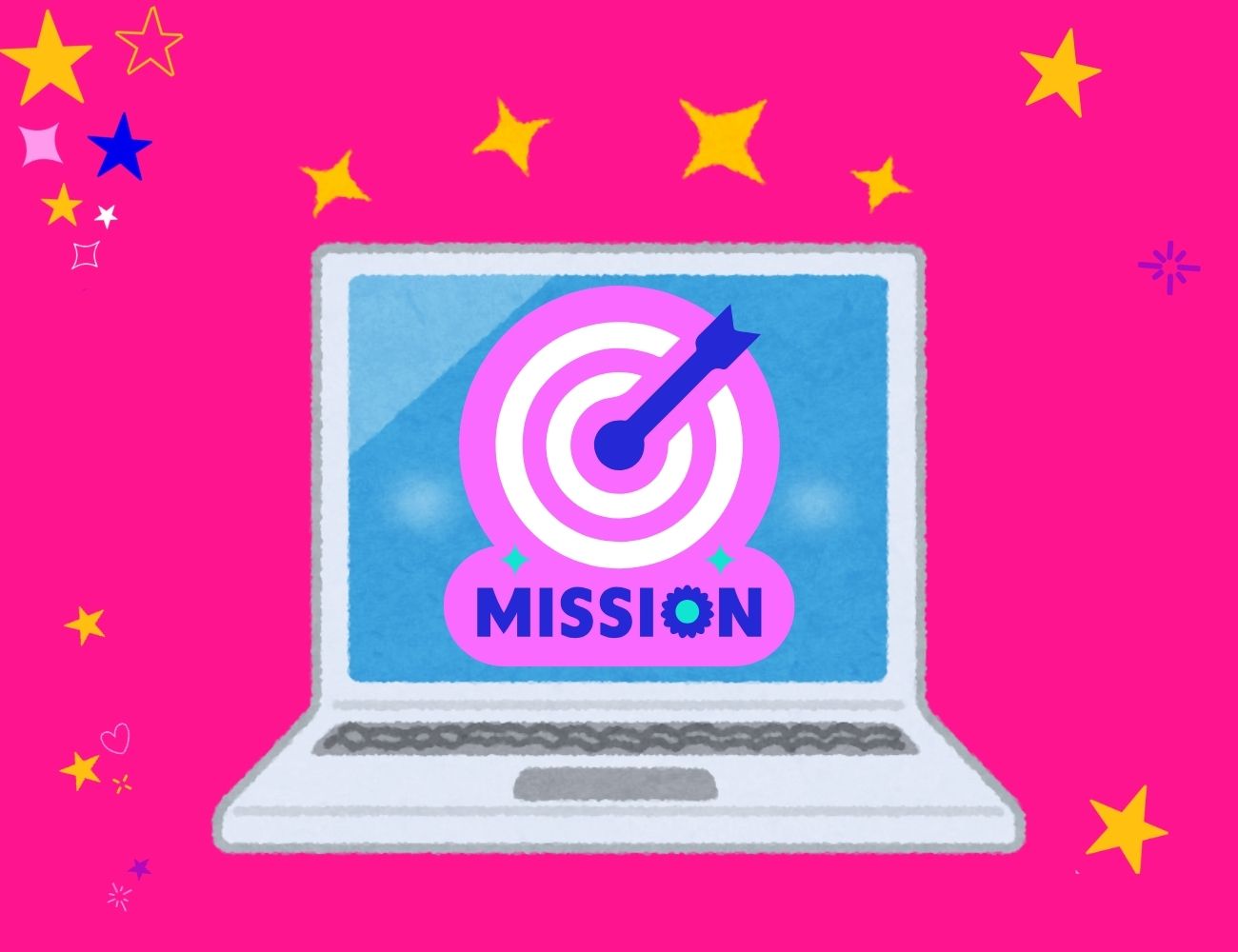 Website planning starts with a mission, seen here as a purple target with an arrow in the centre on a laptop screen