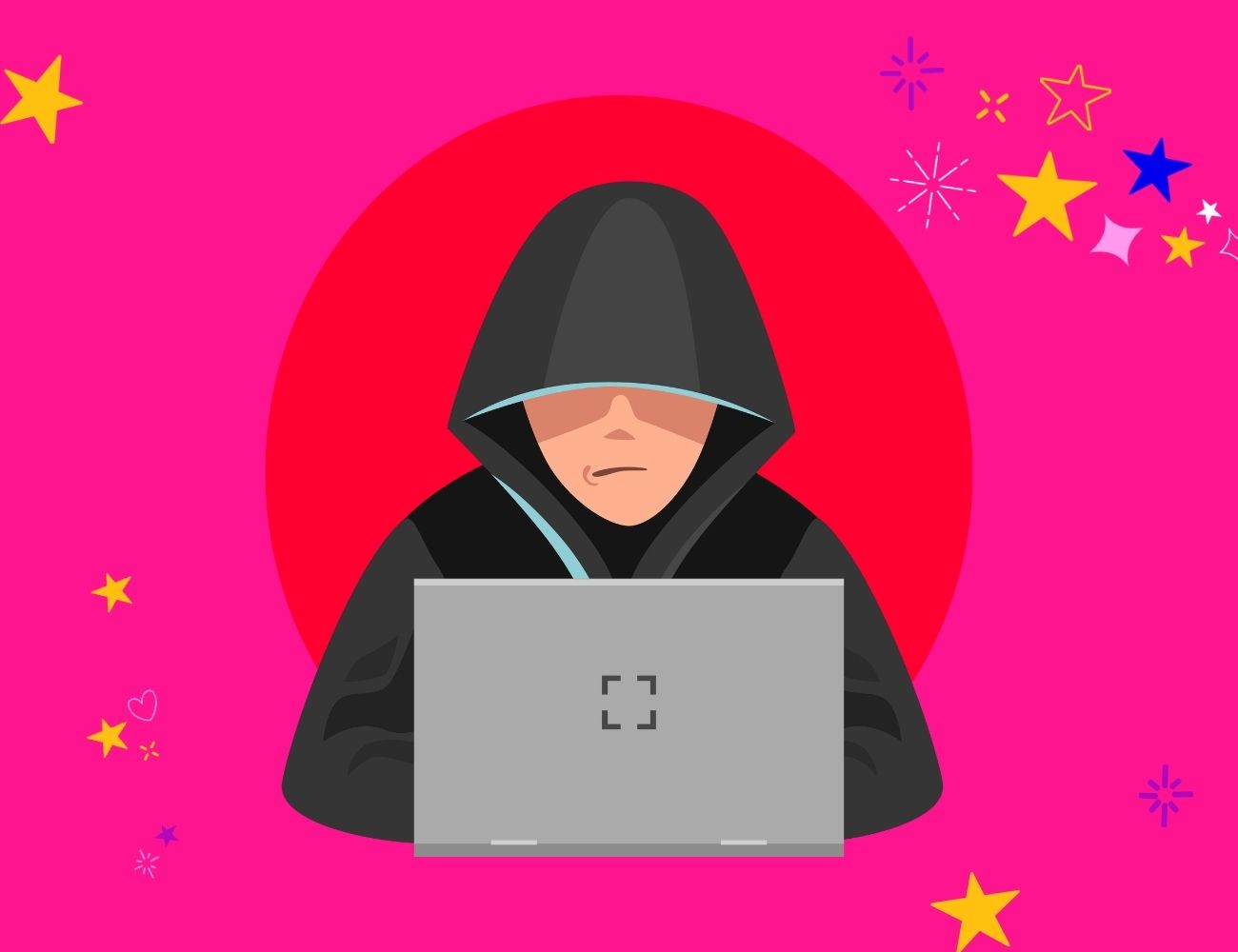 Graphic of a man in a black hoodie at a laptop - has your website been hacked?