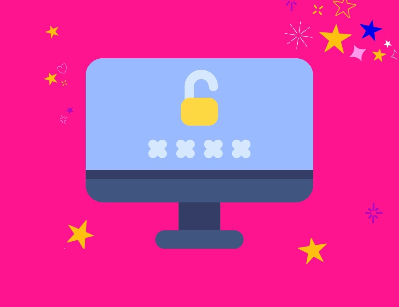 a blue computer screen with a padlock and 4 stars - has your website been hacked?