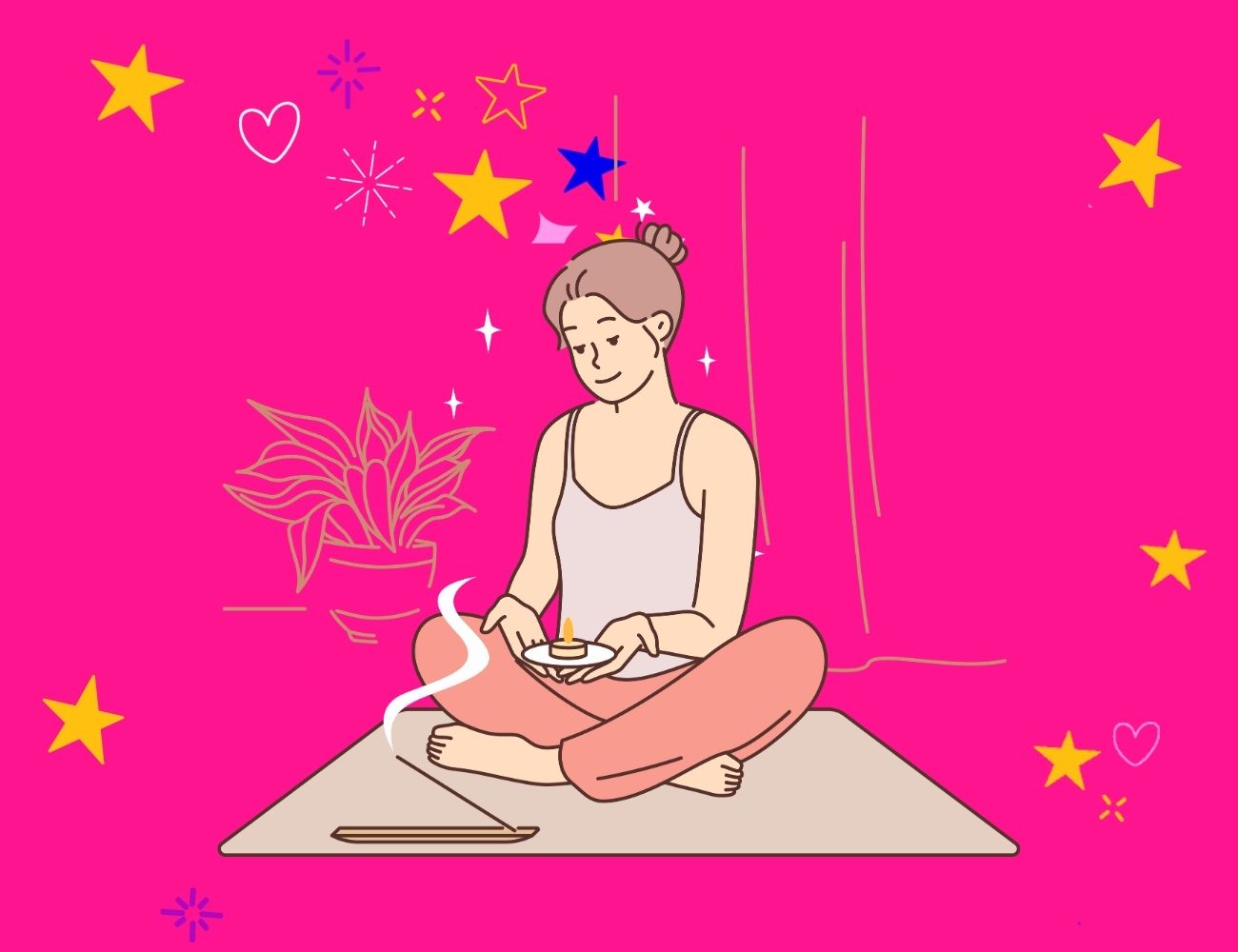 Graphic of a woman sitting cross-legged on the floor with an incense stick for the 'Are websites complicated?' blog