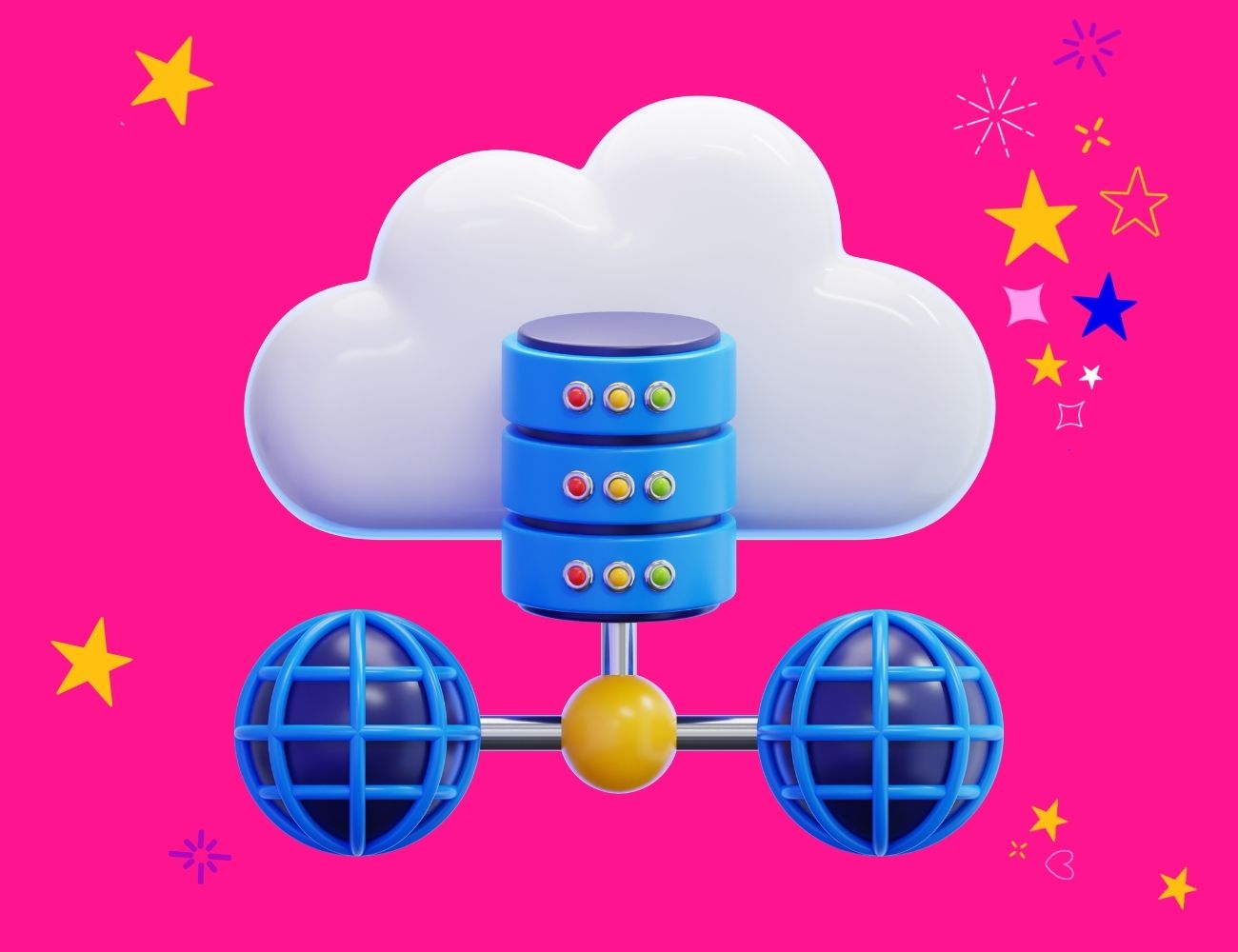 Websites made simple, a cloud with a hosting graphic showing a hub leading to 2 networks