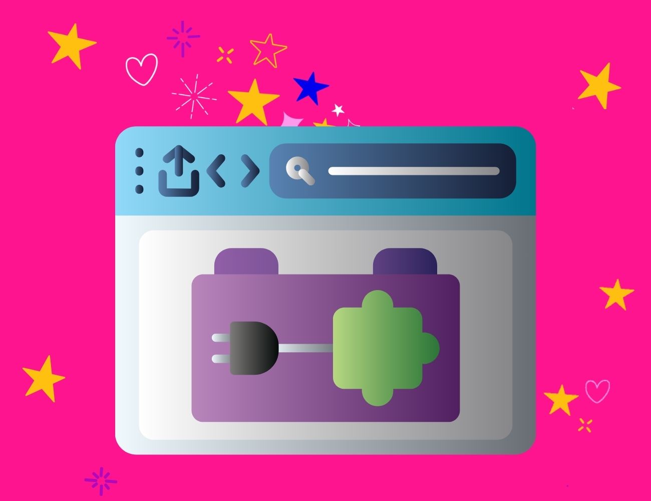 Graphic of a computer screen with building block that has a picture of a plug on it for the WordPress website blog