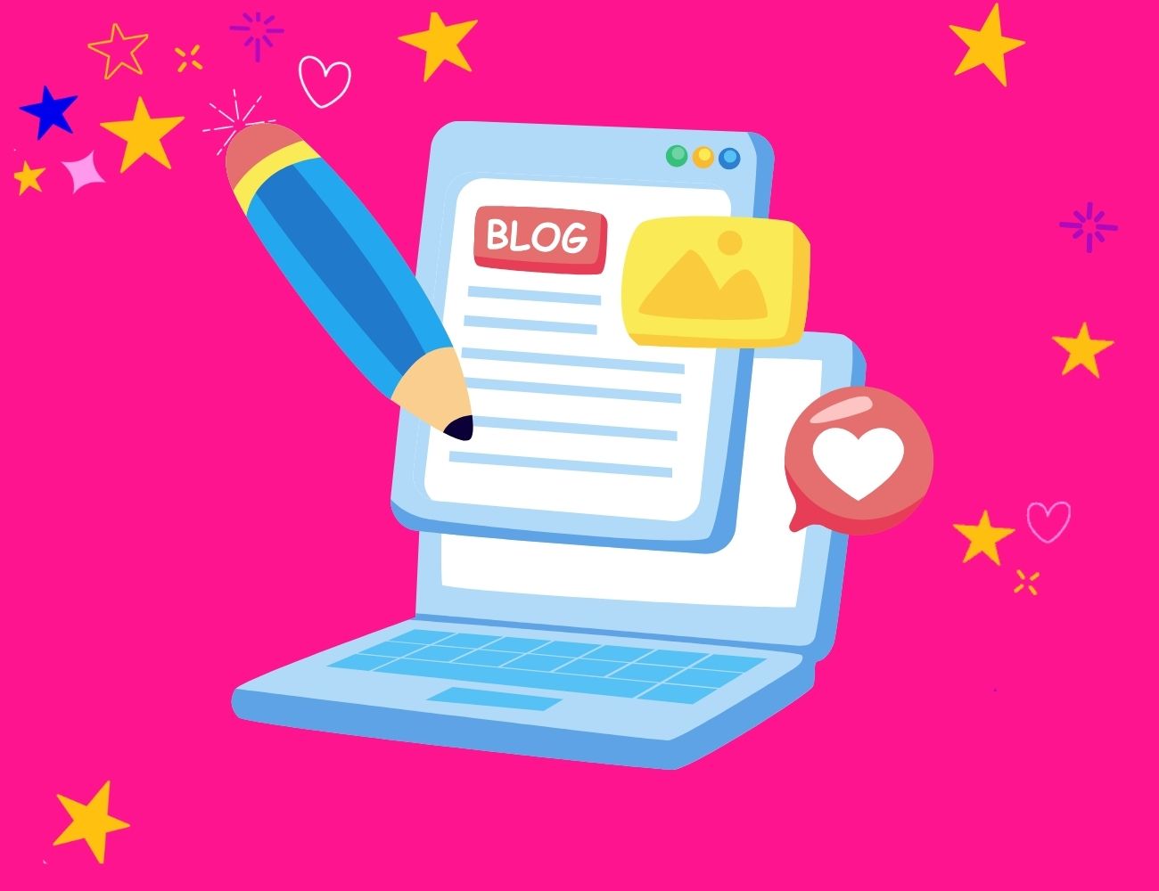 What is SEO? A laptop with a blogging page jumping out of it and a pencil