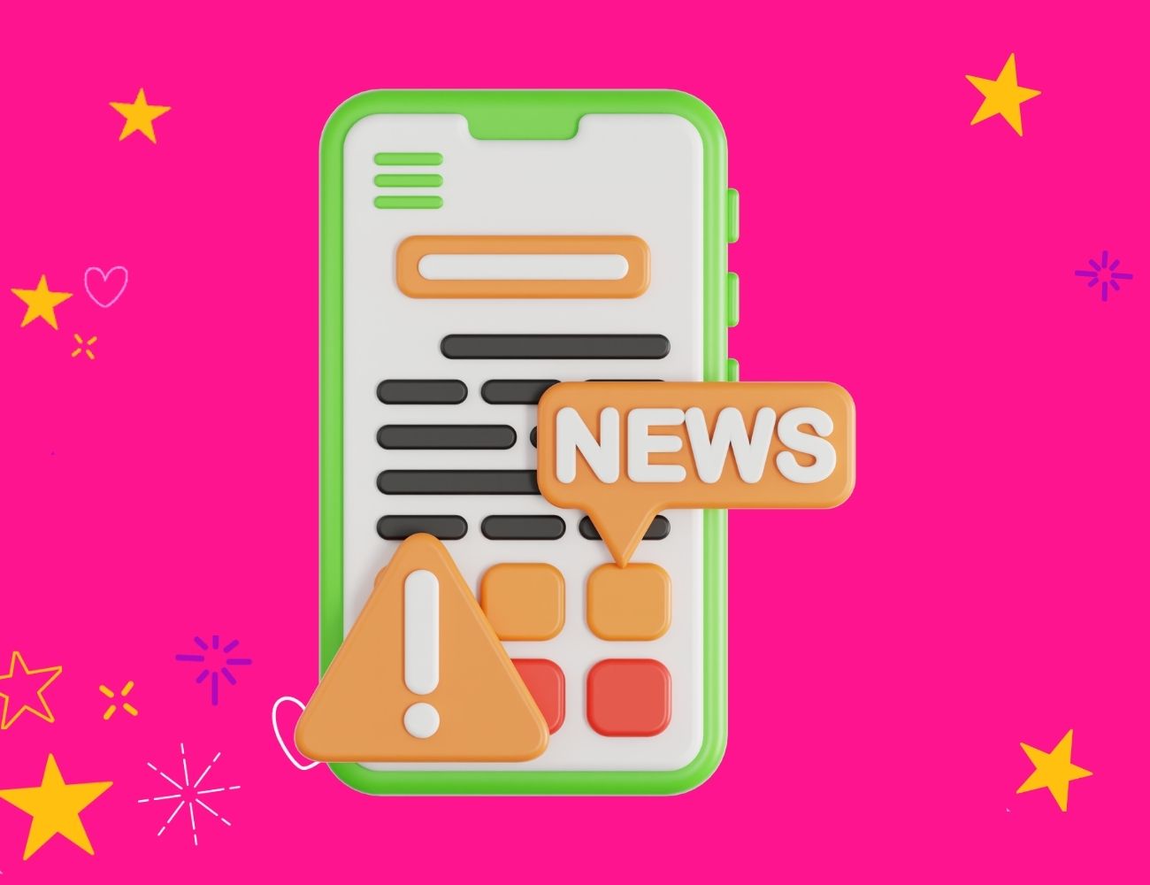 Construct a mobile news story - mobile with news and a caution sign on it