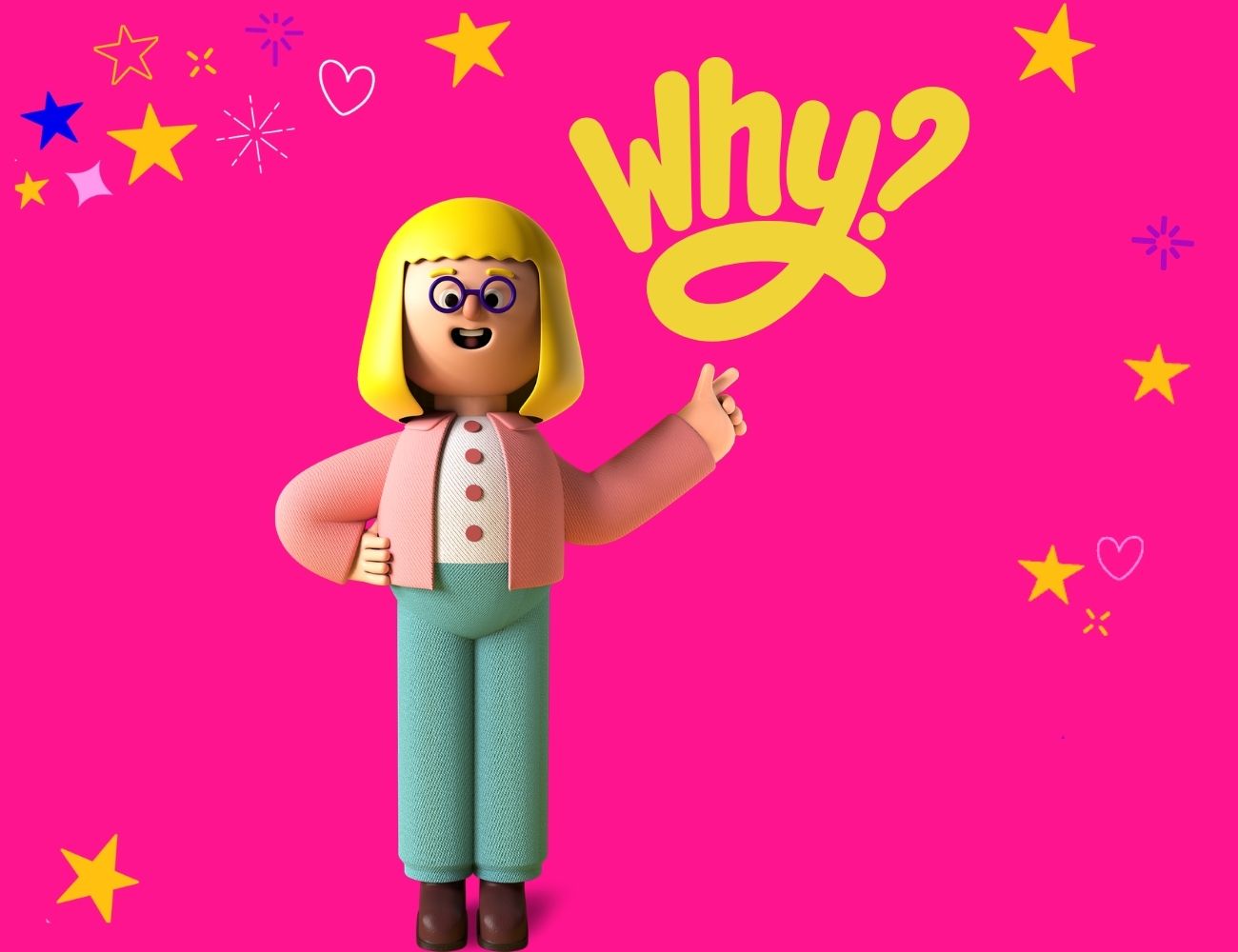 A 3d female figure pointing to the word WHY? for the Help ChatGPT find your website blog