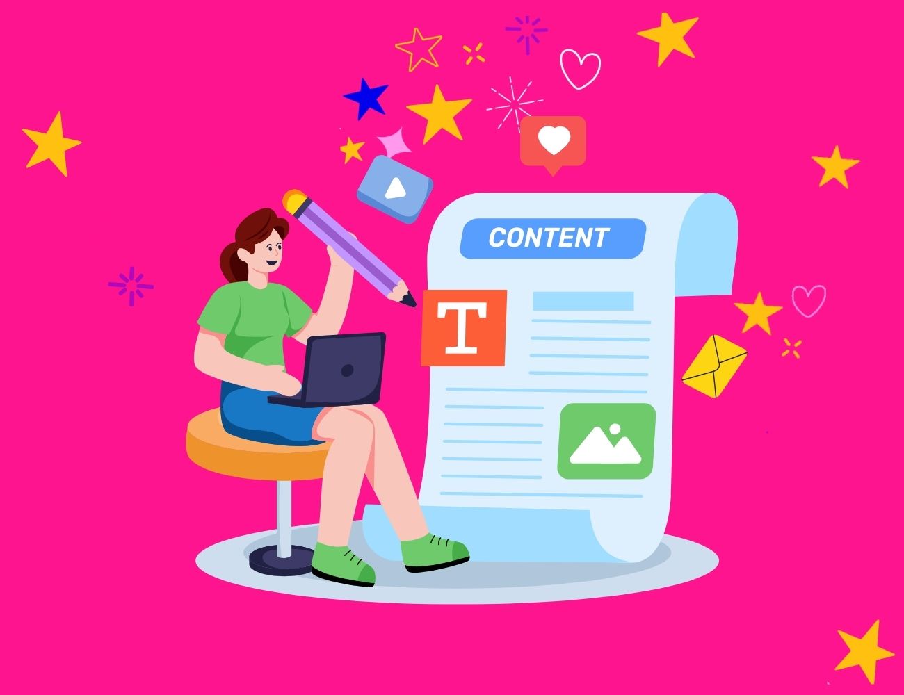 Graphic woman sat at a computer with pages of content coming out of it