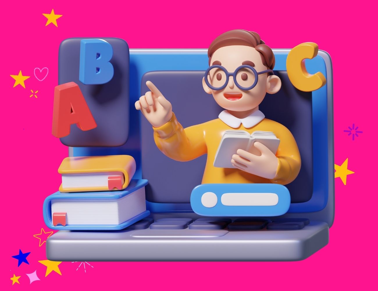 Help ChatGPT find your website a 3d graphic of a person in front of a laptop with books and text